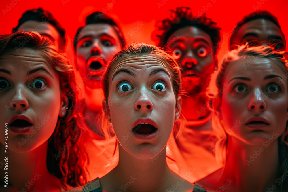 A group of people are staring at something with wide eyes A group of people are staring at something with wide eyes