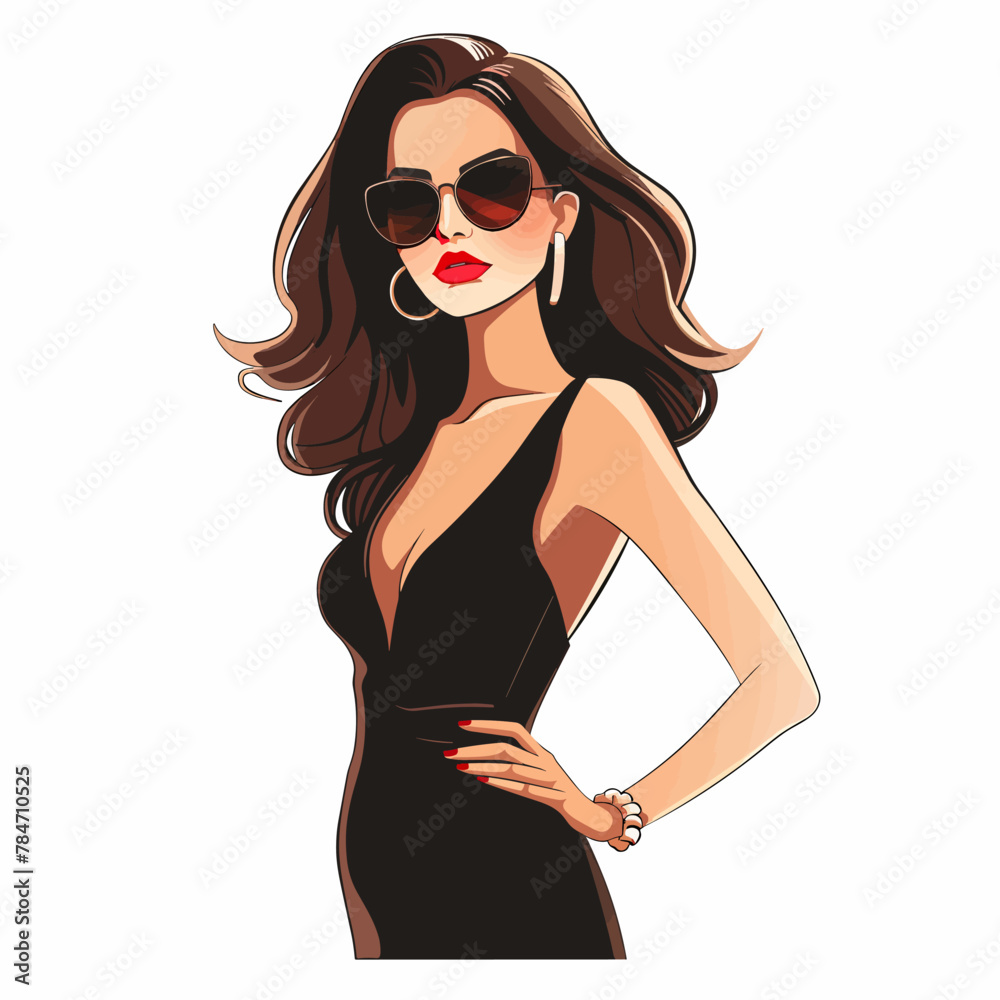Fototapeta premium Beautiful woman in a black dress and sunglasses. Vector illustration.
