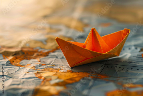 Creative concept of an origami boat adventure, navigating through a sea of dreams on a handcrafted paper map photo