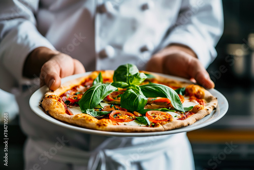 A chef is holding a plate of pizza with lots of toppings, including basil