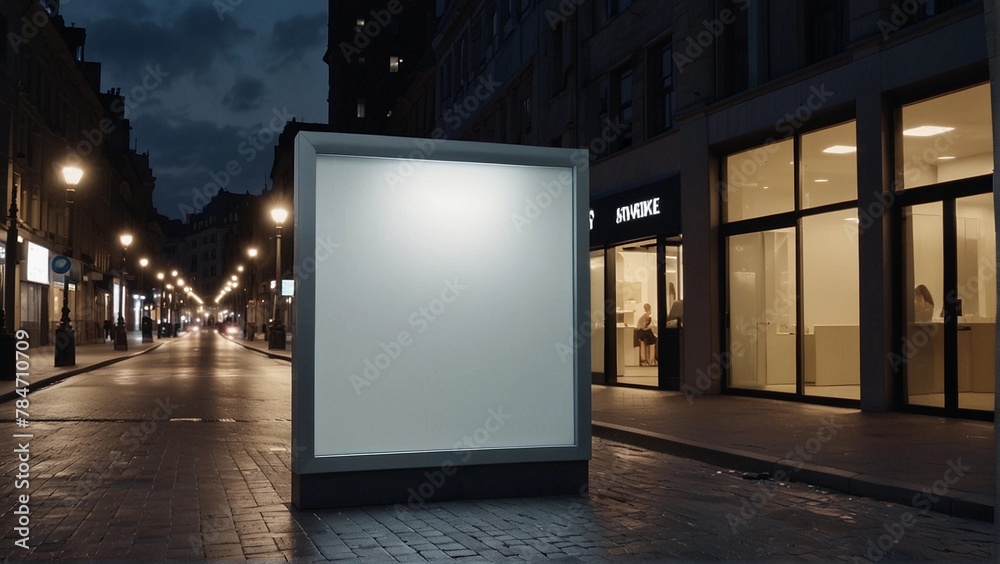 Obraz premium Blank billboard on city street at dusk, urban advertising space. Marketing and promotion concept