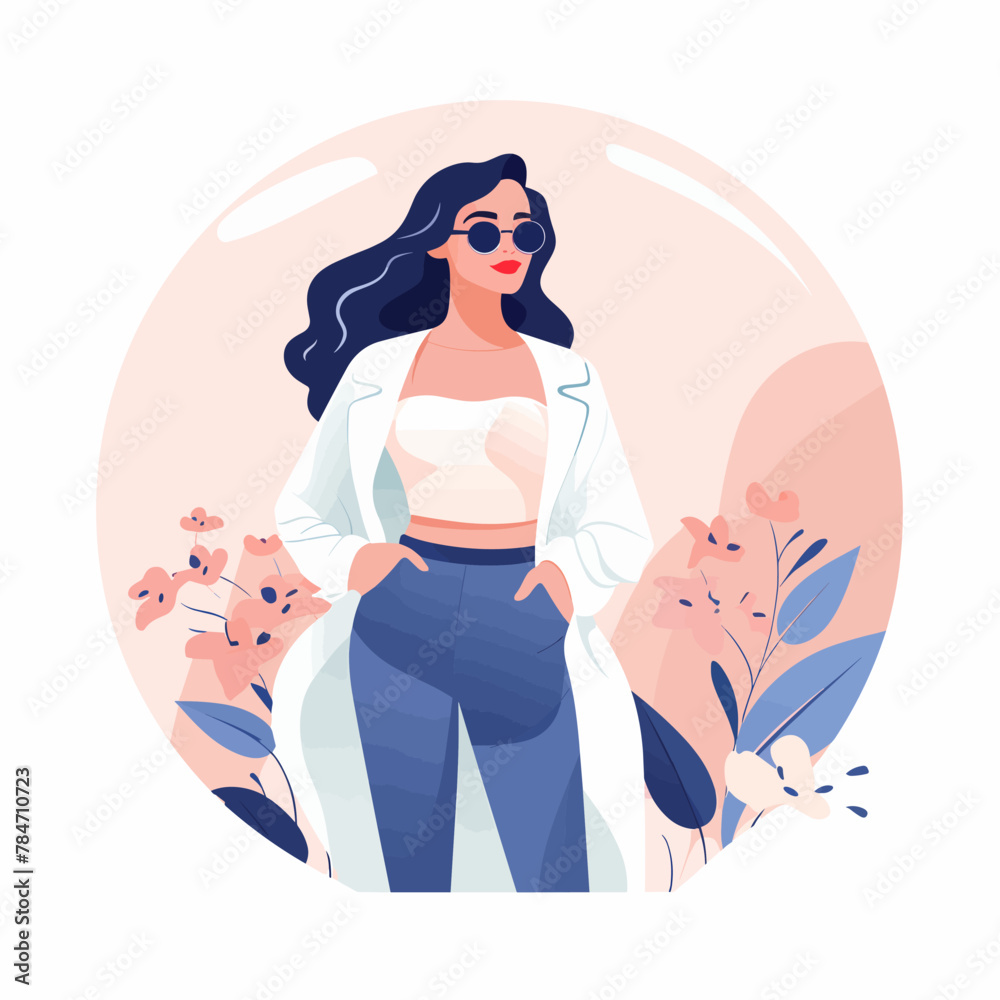 Beautiful woman in sunglasses and white blouse. Vector illustration in flat style
