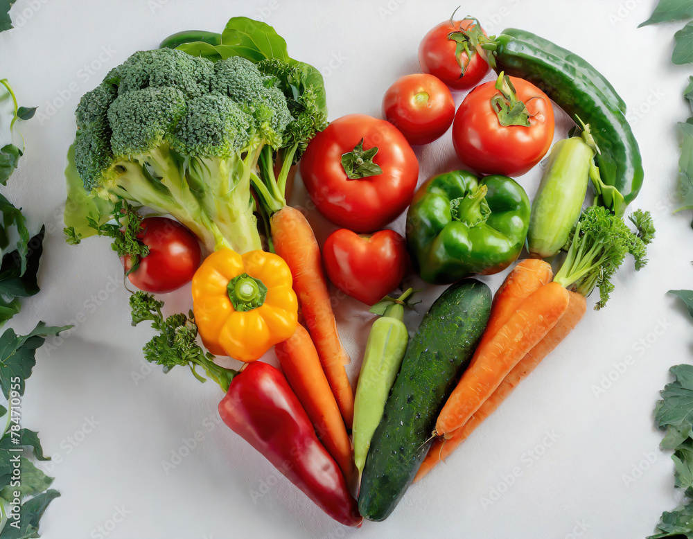 A heart made of vegetables including carrots, broccoli, and peppers A heart made of vegetables including carrots, broccoli, and peppers
