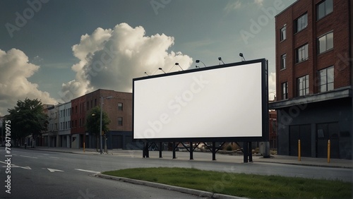Street billboard mockup with white blank space and dynamic cloud background. Advertisement design.