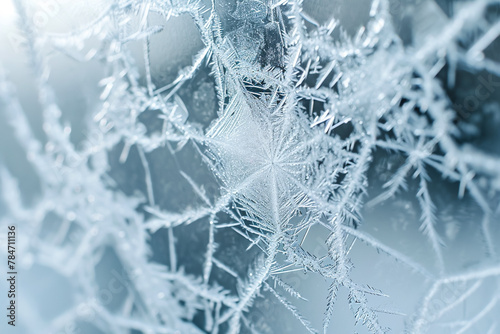 The image is of a frosty window with a spider web of ice crystals covering it
