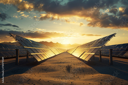 A large solar farm in a desert landscape. Rows of solar panels stretch out towards the horizon, capturing the intense sunlight. photo