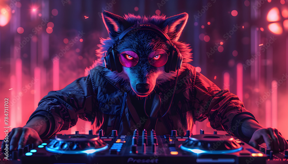Obraz premium Wolf DJ enjoying the trendy club night party in celebration of international music day