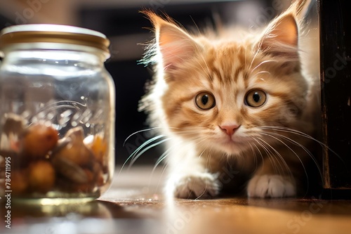 a kitten standing in front of a glass jar of water