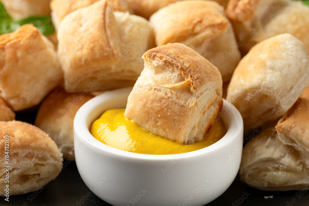 Cheese and onion puff pastry rolls. Vegetarian food, snack Cheese and onion puff pastry rolls. Vegetarian food, snack