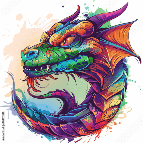 Colorful dragon head on a grunge background. Vector illustration.