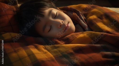 "In the intimacy of his own space, a little Asian boy finds tranquility in sleep under a warm blanket, the night offering solace in his own bed."