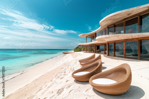 A luxury beach club with an abstract design, its modern loungers arranged on the white sand, facing the sea © mila103
