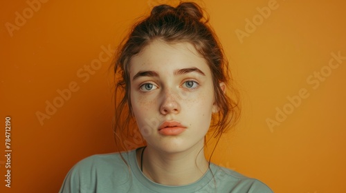 A young woman looking suspiciously at the camera has a sarcastic expression listening to something. generative ai