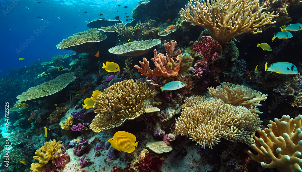 A large group of fish swims together over a colorful coral reef in the clear blue ocean waters A large group of fish swims together over a colorful coral reef in the clear blue ocean waters