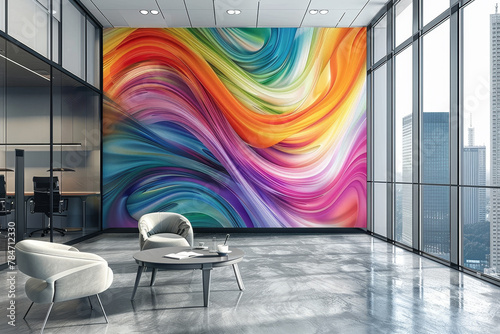 A luxury business office with an abstract mural on the wall