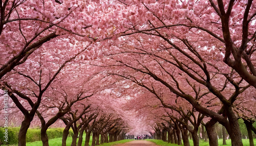 A road lined with tall trees that have blooming pink flowers on their branches
