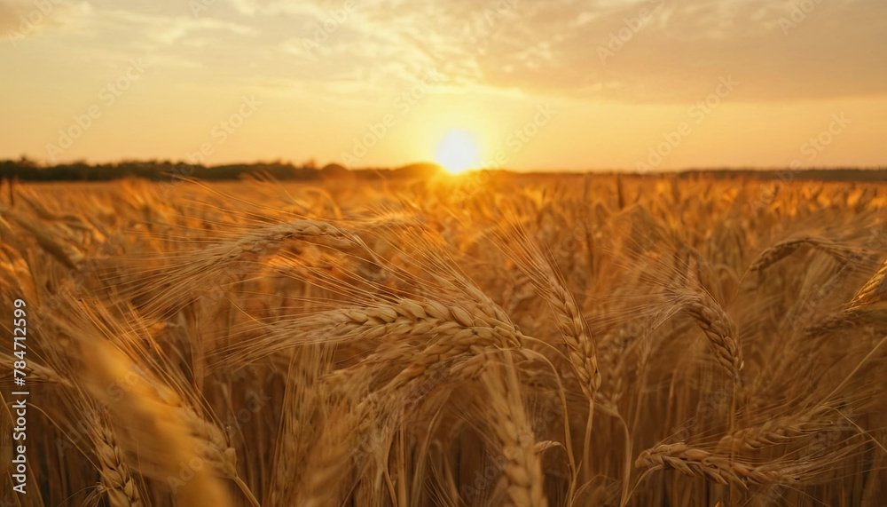 A field of mature wheat with the sun setting in the background, casting long shadows and warm hues over the scene