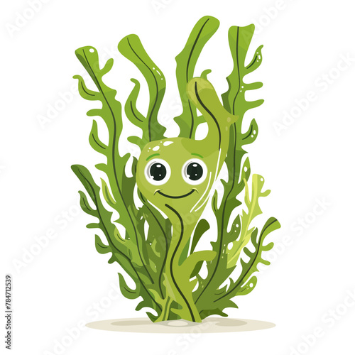 Cute cartoon green seaweed character. Vector illustration isolated on white background.