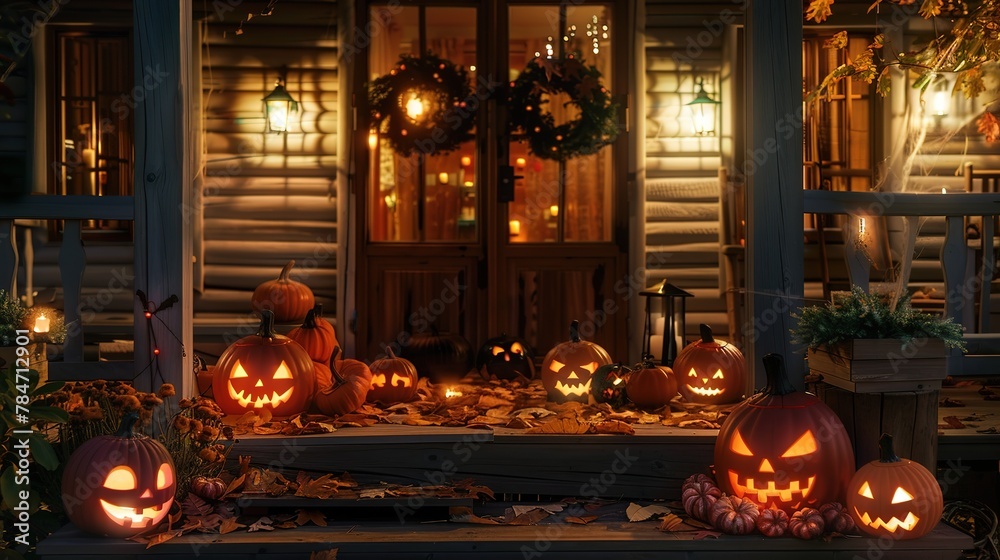 Obraz premium cozy porch adorned with flickering halloween pumpkin lanterns
