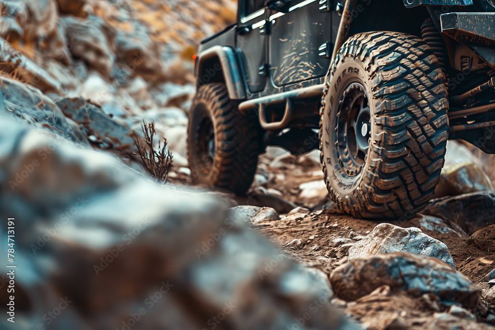 A rugged off-road vehicle navigating a rocky trail. A rugged off-road vehicle navigating a rocky trail.