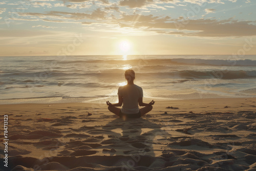 A person meditating on the beach at sunrise, their posture serene.