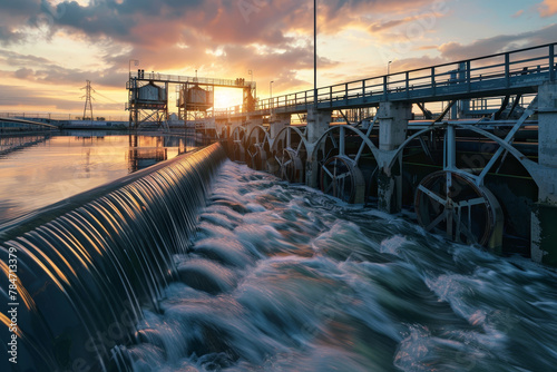 A tidal power station under the soft glow of the setting sun, the moving water symbolizing the generation of renewable energy