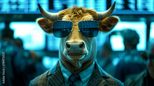 Cow in plaid suit and blue sunglasses with a backdrop of digital stock market screens