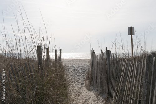 Narrow pathway through erosion fence to a deserted open beach, endless possibilities ahead in the future, horizontal aspect
