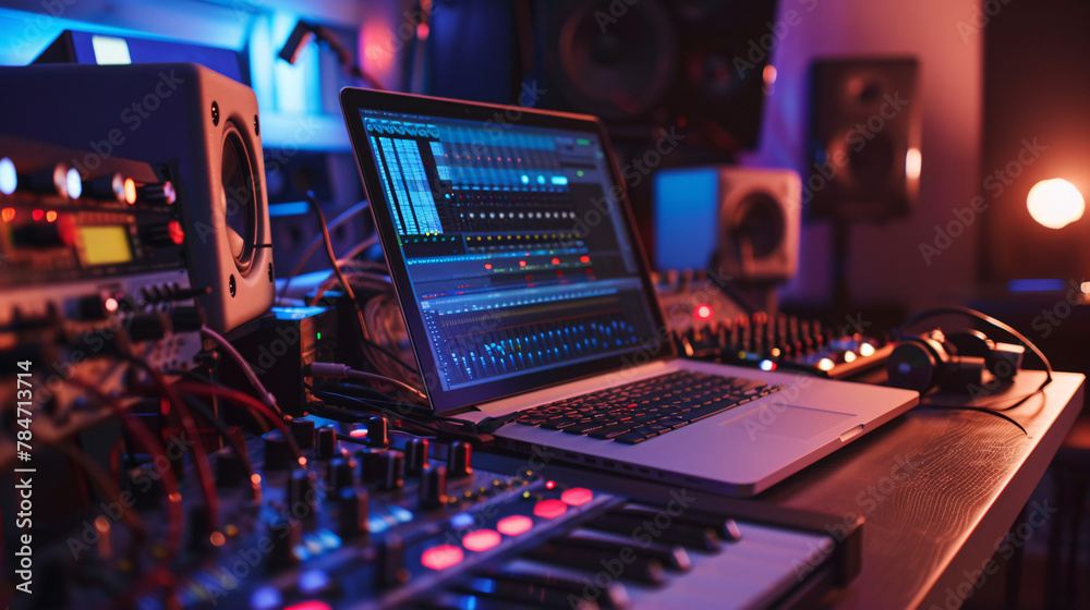 Home office table with laptop and collection of musical instruments