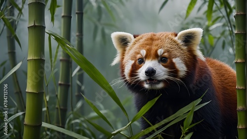A captivating red panda, nestled in vibrant green bamboo, its expressive face stirring curiosity about this endangered yet charming creature

 photo