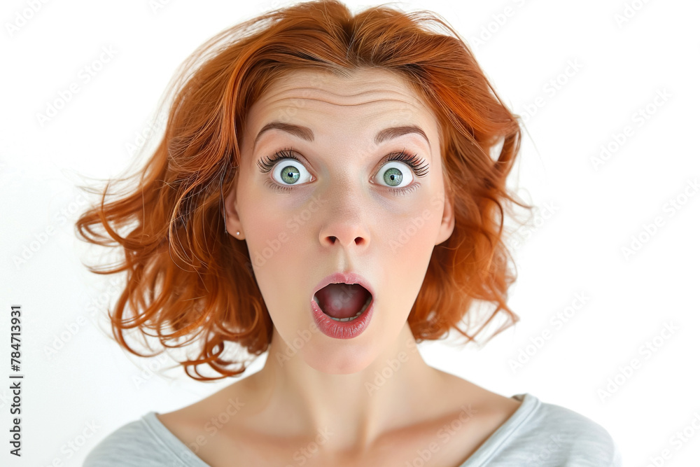 A surprised woman with wide eyes on a white background