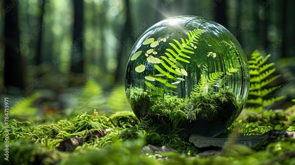 crystal-clear glass sphere adorned with verdant ferns and moss crystal-clear glass sphere adorned with verdant ferns and moss