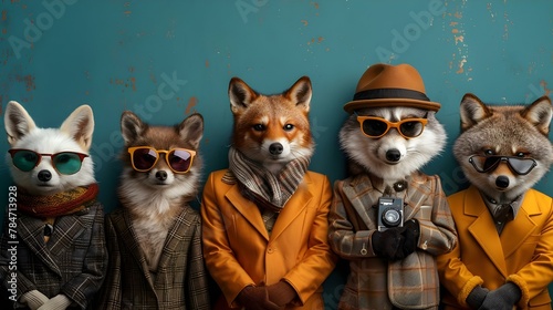 Stylish Animal Quintet: Trendsetters in Suits and Shades. Concept Animal Fashion, Stylish Trends, Pet Photography, Playful Poses, Trendsetting Animals photo