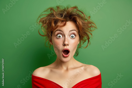 A surprised woman with wide eyes and an open mouth on a green background photo
