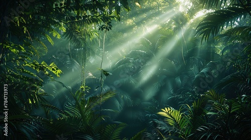 dark rainforest  where sun rays dance through the towering trees
