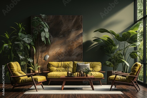 Interior Design of Modern Living Room from the mid century with Monstera Background, generative IA photo