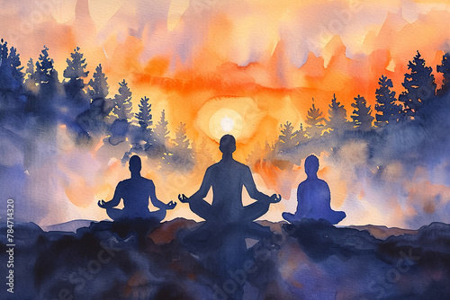 A peaceful watercolor illustration of a group of people meditating, with a beautiful sunrise in the background