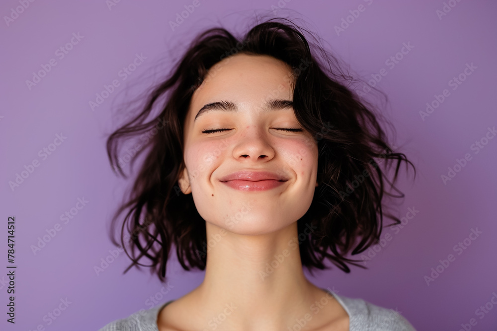A woman with her eyes closed and a smile on a purple background