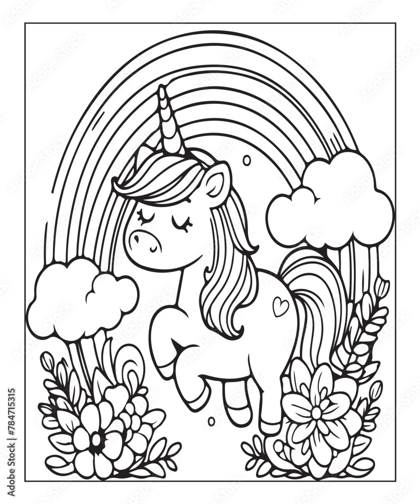 Fototapeta premium Cute unicorn with rainbow. black and white vector illustration for coloring book, Generative AI