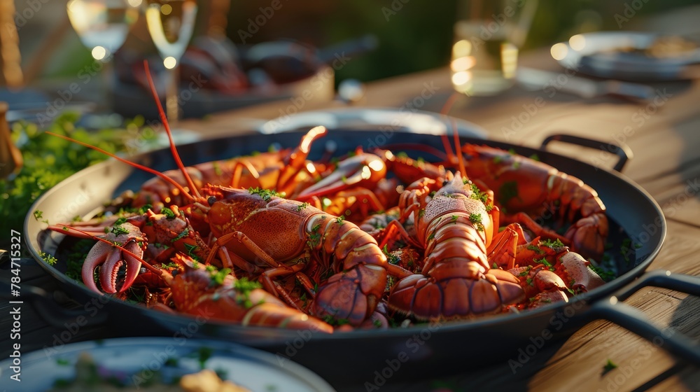 Sumptuous Seafood Feast: Lobsters Served on Outdoor Table Sumptuous Seafood Feast: Lobsters Served on Outdoor Table