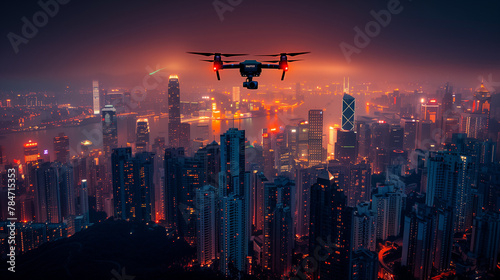 A bustling metropolis of skyscrapers, illuminated by neon lights, with flying drones delivering packages overhead