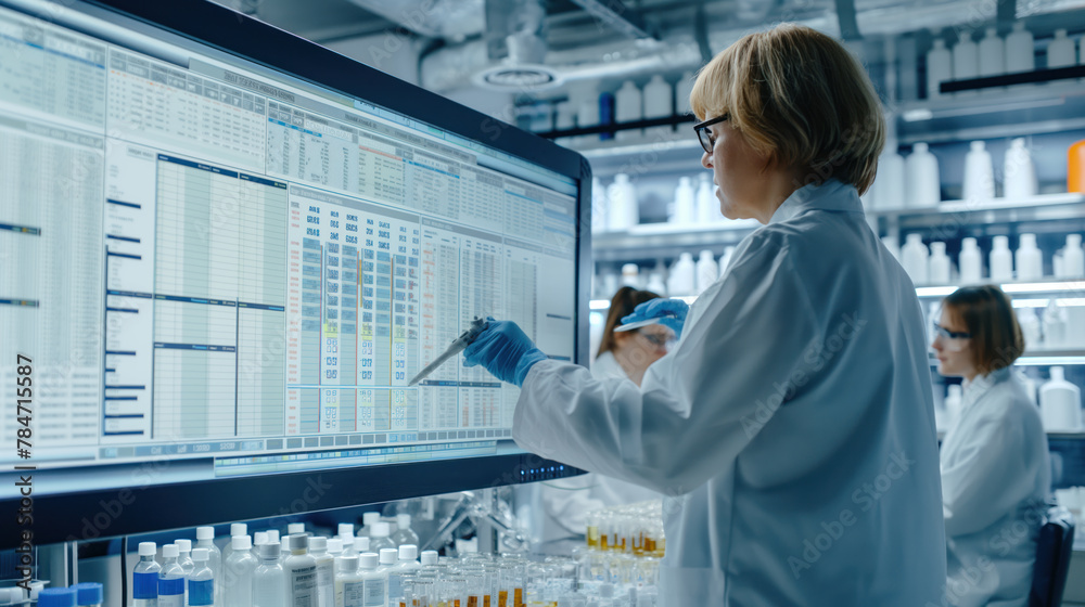 Senior Female Scientist Analyzing Data on Screen in Modern Laboratory Senior Female Scientist Analyzing Data on Screen in Modern Laboratory