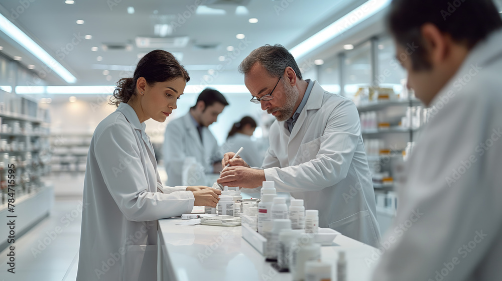 Pharmacist and Assistant Organizing Medication in Modern Pharmacy Pharmacist and Assistant Organizing Medication in Modern Pharmacy