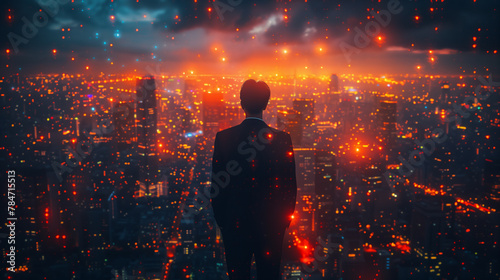 A businessman s silhouette interacts with glowing nodes of interconnected data  shaping the future of technological integration in business strategy