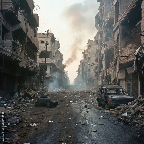 a solemn scene in a war-torn cityscape, where the aftermath of conflict is evident in the devastation that surrounds.  photo