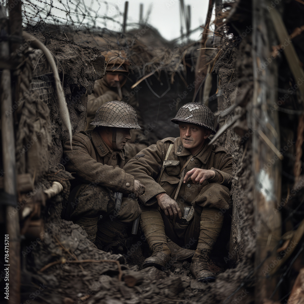 wo soldiers share a quiet moment of camaraderie as they take shelter in a trench, sharing stories and offering support to one another amidst the relentless barrage of enemy fire 