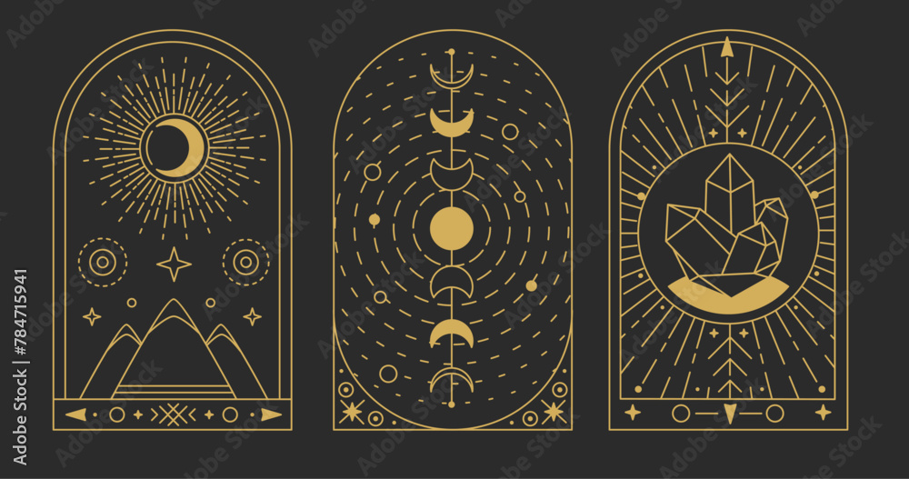 Set of Modern magic witchcraft cards with sun and moon. Line art occult vector illustration Set of Modern magic witchcraft cards with sun and moon. Line art occult vector illustration