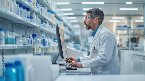 Professional Pharmacist Working on Computer in Modern Pharmacy