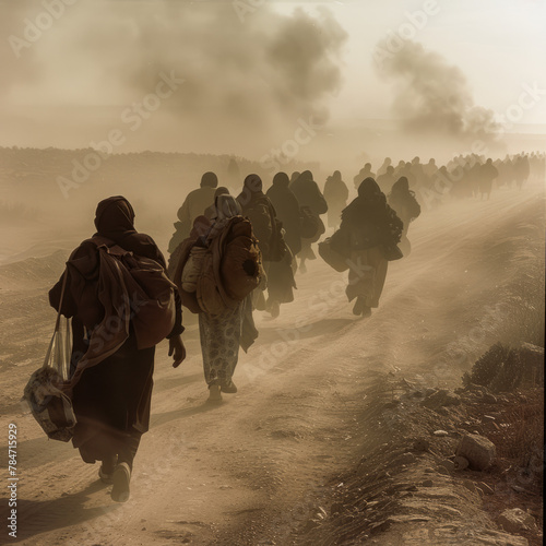 A convoy of weary refugees trudges along a dusty road, their faces etched with exhaustion and fear as they flee the violence and destruction of their homeland photo