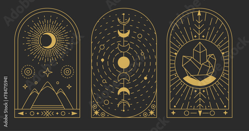 Set of Modern magic witchcraft cards with sun and moon. Line art occult vector illustration